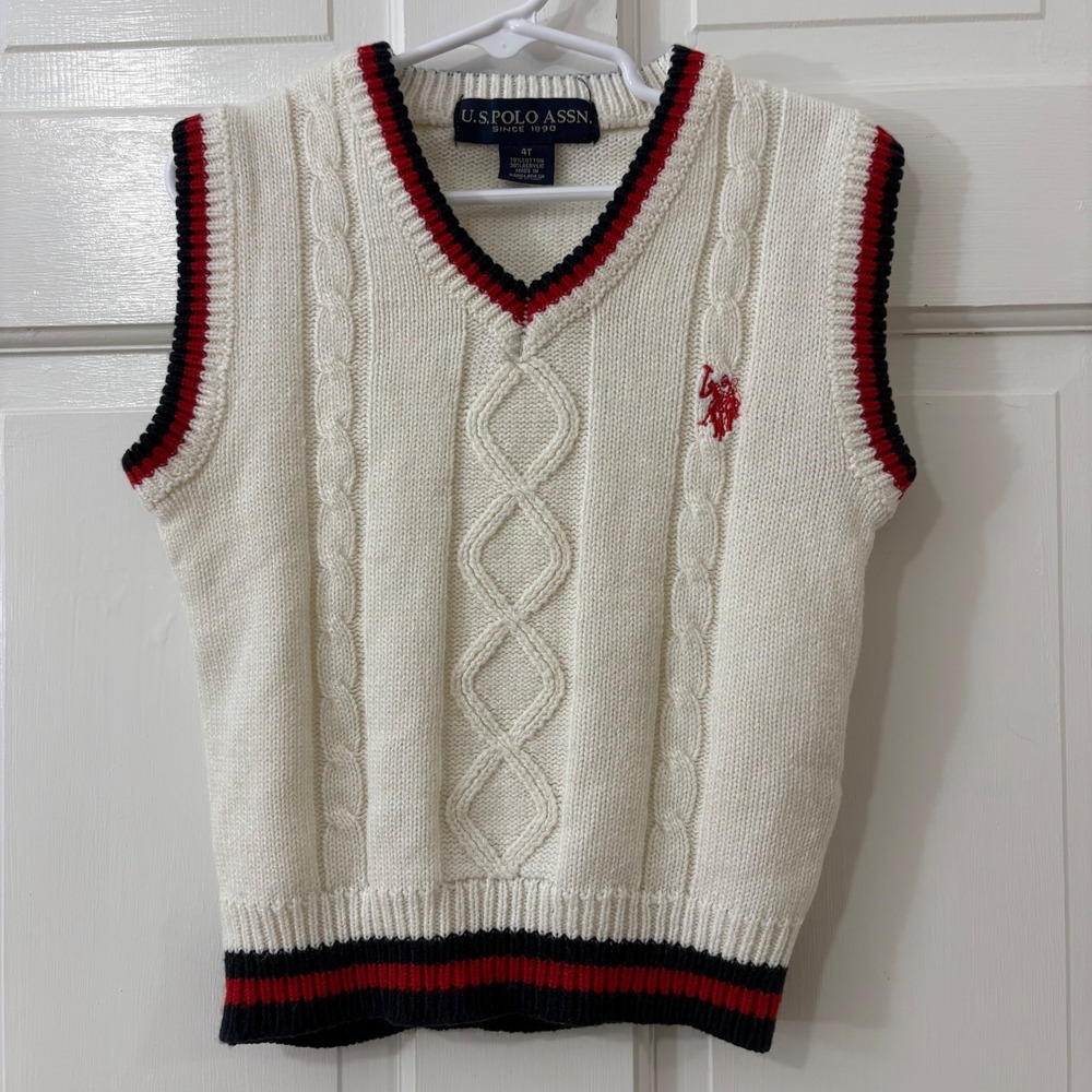 US Polo Assn Sweater Vest Boys 4T Cotton Cable Knit Preppy Old Money Classic